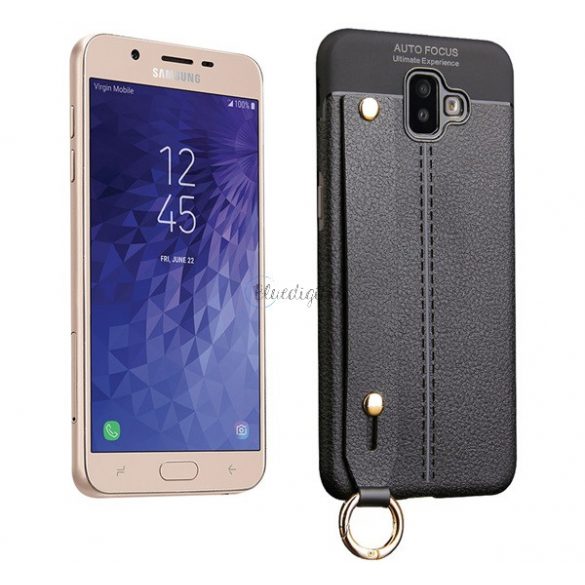 Protectie de telefon din silicon (rezistenta medie la impact, functie suport de masa, efect piele, model de cusut + curea de mana) NEGRU Samsung Galaxy J6 Plus (SM-J610F)