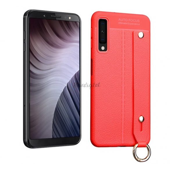 Protectie de telefon din silicon (rezistenta medie la impact, functie suport de masa, efect piele, model de cusut + curea de mana) ROSU Samsung Galaxy A7 (2018) SM-A750F