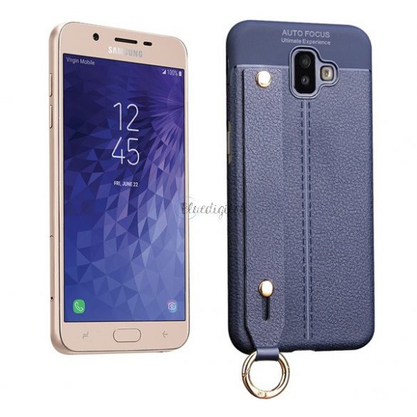 Protectie din silicon pentru telefon (rezistenta medie la impact, functie suport de masa, efect piele, model de cusut + curea de incheietura) ALBASTRU INCHIS Samsung Galaxy J6 Plus (SM-J610F)