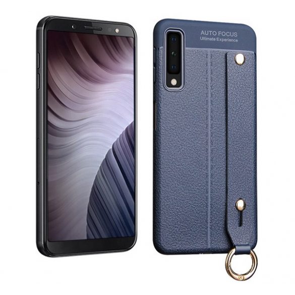 Husă silicon pentru telefon (rezistent la impact mediu, montare pe masă, efect de piele, model de cusături + curea de mână) CUTTING albastruSamsung Galaxy A7 (2018) SM-A750F