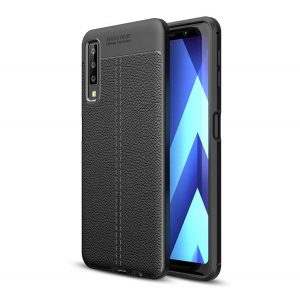 Protectie din silicon pentru telefon (rezistenta medie la impact, efect piele, model de cusaturi) NEGRU Samsung Galaxy A7 (2018) SM-A750F