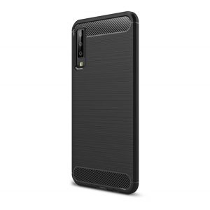 Husă silicon pentru telefon (rezistent la impact mediu, bubble heel, periat, model de carbon) negru Samsung Galaxy A7 (2018) SM-A750F