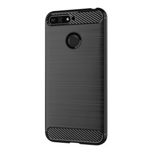 Protectie de telefon din silicon (rezistenta la impact mediu, colt cu perna de aer, periat, model carbon) NEGRU Huawei Y6 Prime (2018)