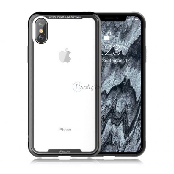 ROAR Glass Airframe cadru de protecție din silicon pentru telefon (BUMPER, mediu rezistent la impact, spate din sticlă călită) NEGRU Apple iPhone XS Max 6.5