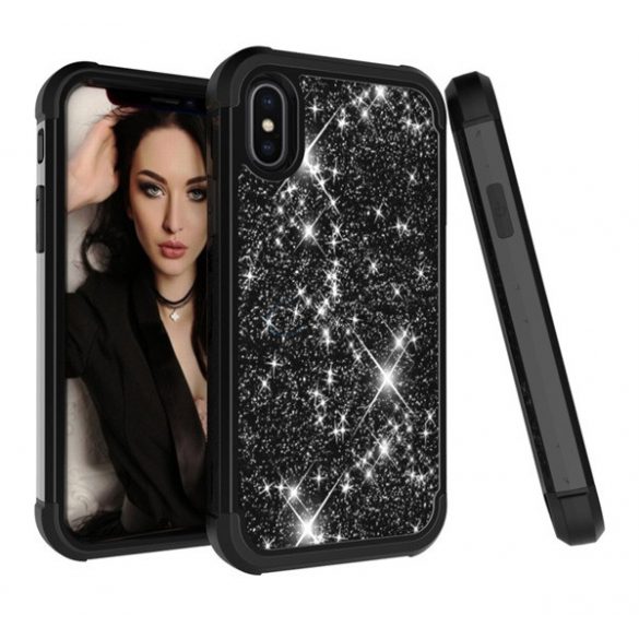 Protector de telefon din plastic Defender (rezistenta la impact mediu, interior din silicon, cadru din plastic, paiete) NEGRU Apple iPhone XS Max 6.5