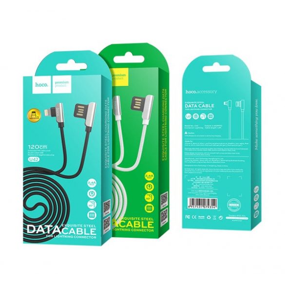 Cablu de transfer de date HOCO U42 (USB - fulger, încărcător rapid, 120cm, 90 grade, șiret) NEGRU