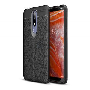 Protectie din silicon pentru telefon (rezistenta medie la impact, efect piele, model de cusaturi) NEGRU Nokia 3.1 Plus