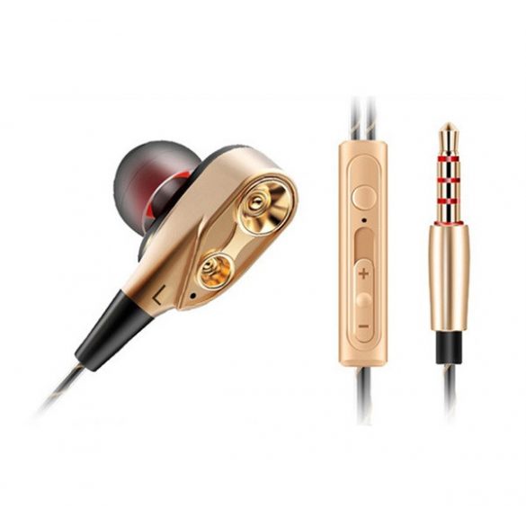 Căști QKZ STEREO (mufă de 3,5 mm, microfon, buton de înregistrare, 2 perechi de vârfuri pentru urechi, amplificator de bas, difuzor dublu) ROSE GOLD