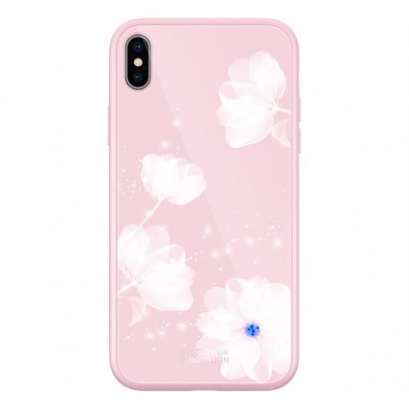 Cadru din silicon de protecție pentru telefon NILLKIN TEMPERED PLAID (BUMPER, spate din sticlă călită, model cu flori) ROZ Apple iPhone X 5.8, Apple iPhone XS 5.8