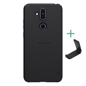 Protector de telefon din plastic NILLKIN SUPER FROSTED (cauciucat, suprafata aspra + suport de masa) NEGRU Nokia 8.1 (X7)