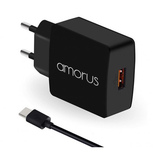 AMORUS K6 încărcător priză USB (15W, încărcător rapid PD 3.0 + cablu tip C) NEGRU