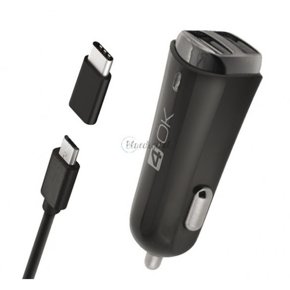 Încărcător auto 4-OK 2 prize USB (17W + adaptor tip C + cablu microUSB) NEGRU