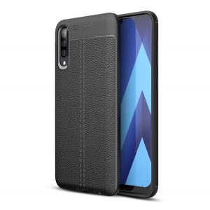 Protectie din silicon pentru telefon (rezistenta medie la impact, efect piele, model de cusaturi) NEGRU Samsung Galaxy A50 (SM-A505F), Samsung Galaxy A30s (SM-A307F), Samsung Galaxy A50s (SM-A507F)