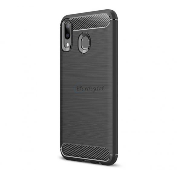 Protector de telefon din silicon (rezistență medie la impact, colț cu pernă de aer, periat, model carbon) NEGRU Samsung Galaxy M20 (SM-M205F)