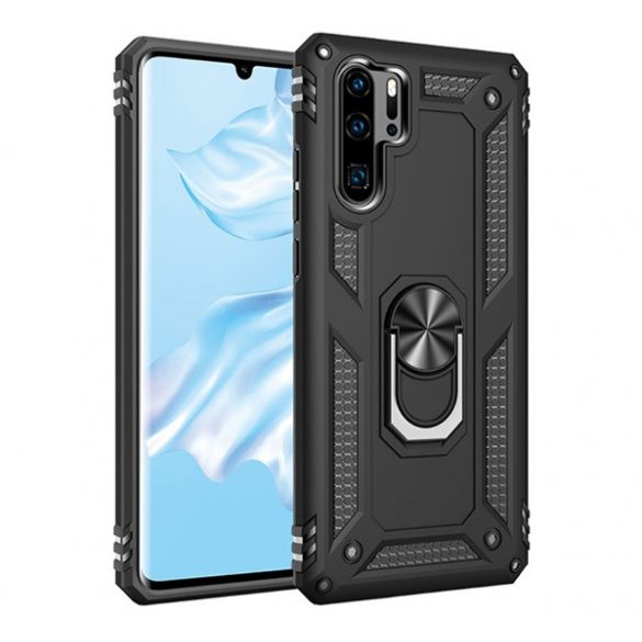 Defender protecție din plastic pentru telefon (rezistent la impact mediu, interior din silicon, inel suport pentru telefon, placă metalică încorporată) negru Huawei P30 Pro