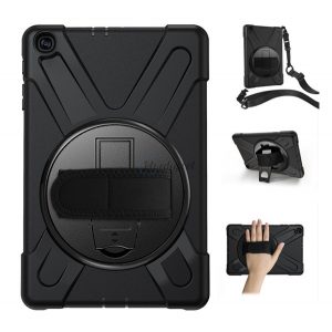 Protector de telefon din plastic Defender (rezistenta la impact, suport, 360° + curea de mana, curea de umar) NEGRU Samsung Galaxy Tab A 10.1 LTE (2019) SM-T515, Samsung Galaxy Tab A 10.1 WIFI (2019) SM-T510