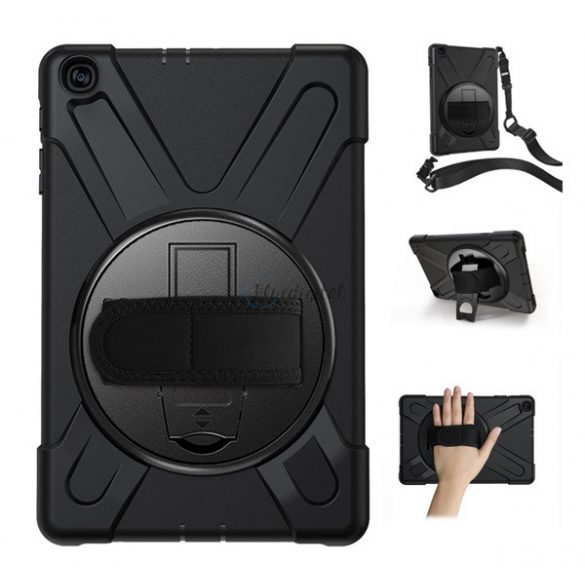 Protector de telefon din plastic Defender (rezistenta la impact, suport, 360° + curea de mana, curea de umar) NEGRU Samsung Galaxy Tab A 10.1 LTE (2019) SM-T515, Samsung Galaxy Tab A 10.1 WIFI (2019) SM-T510