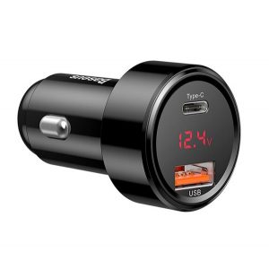 Încărcător auto BASEUS MAGIC USB+Type-C (45W, încărcător rapid PD 4.0, afișaj LED) NEGRU