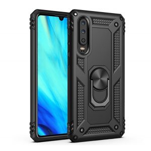 Defender din plastic protecțiede telefon (rezistent la impact mediu, interior din silicon, inel titular de telefon, built-in placa de metal) negru Huawei P30