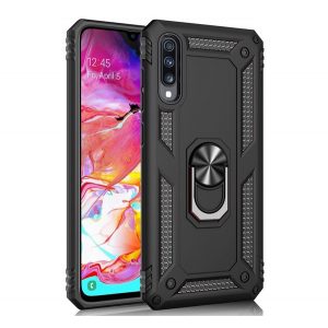 Protecție din plastic pentru telefon Defender (rezistentă la impact mediu, interior din silicon, inel suport telefon, placă metalică încorporată) negru Samsung Galaxy A70 (SM-A705F)