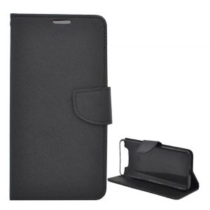 Husă stativă cu efect de piele (FLIP, deschidere laterală, suport pentru desktop, model textil) negru Samsung Galaxy A80 (SM-A805F)