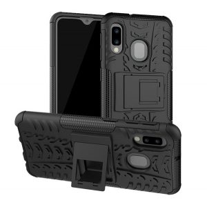 Protecție din plastic pentru telefon Defender (rezistență medie la impact, interior din silicon, model anvelope auto) negru Samsung Galaxy A20e (SM-A202F)