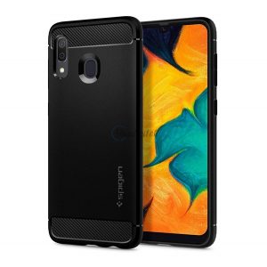 Protector de telefon din silicon SPIGEN RUGGED ARMOR (rezistență medie la impact, colț cu pernă de aer, model carbon) NEGRU Samsung Galaxy A30 (SM-A305F), Samsung Galaxy A20 (SM-A205F)