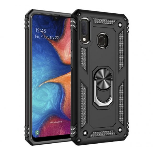 Protecție din plastic pentru telefon Defender (rezistentă la impact mediu, interior din silicon, inel suport telefon, placă metalică încorporată) negru Samsung Galaxy A20e (SM-A202F)