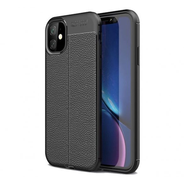 Protector de telefon din silicon (rezistenta la impact, efect piele, model de cusaturi) NEGRU Apple iPhone 11