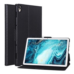 Carcasa in picioare, efect piele (FLIP, deschidere laterala, suport de masa, model carbon) NEGRU Huawei MediaPad M6 10.8 LTE, Huawei MediaPad M6 10.8 WIFI