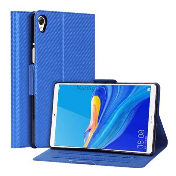 Carcasa in picioare, efect piele (FLIP, deschidere laterala, suport desktop, model carbon) ALBASTRU INCHIS Huawei MediaPad M6 8.4 LTE, Huawei MediaPad M6 8.4 WIFI