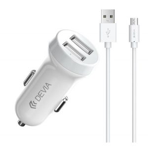 Încărcător auto DEVIA 2 prize USB (15W + cablu microUSB) ALB