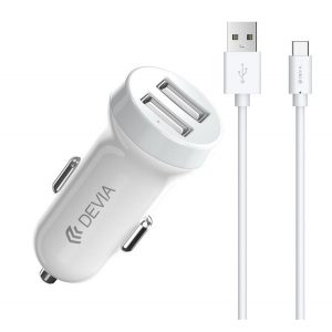 Încărcător auto DEVIA 2 prize USB (15W + cablu tip C) ALB