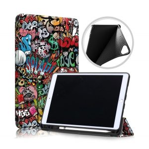 Husă stativă, efect piele (FLIP, deschidere laterală, suport de birou TRIFOLD, model graffiti) CULOARE Apple IPAD 10.2 (2019), Apple IPAD 10.2 (2020), Apple IPAD 10.2 (2021)