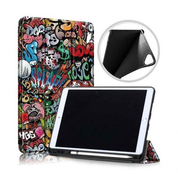 Husă stativă, efect piele (FLIP, deschidere laterală, suport de birou TRIFOLD, model graffiti) CULOARE Apple IPAD 10.2 (2019), Apple IPAD 10.2 (2020), Apple IPAD 10.2 (2021)