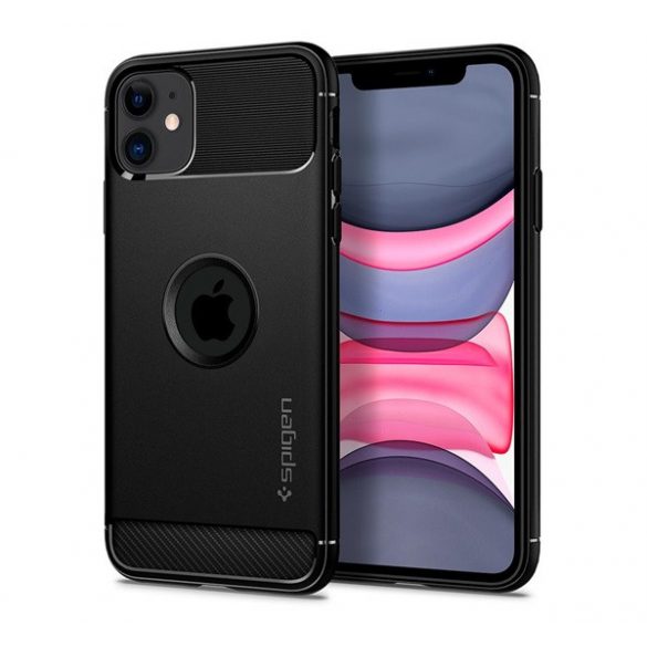 Protector de telefon din silicon SPIGEN RUGGED ARMOUR (rezistență medie la impact, colț cu pernă de aer, model carbon, decupat logo) NEGRU Apple iPhone 11