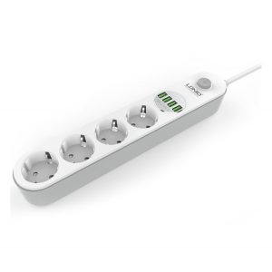 Distribuitor de energie LDNIO (4 prize AC+4 USB, 4x230 V, max. 50W, anti-alunecare + cablu de alimentare 200cm) ALB