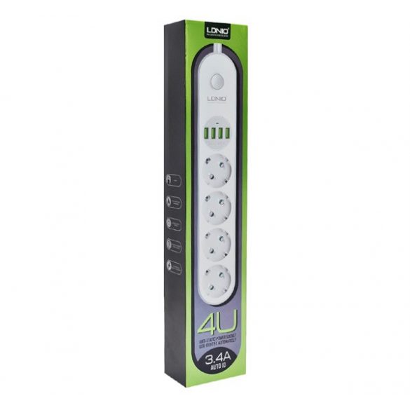 Distribuitor de energie LDNIO (4 prize AC+4 USB, 4x230 V, max. 50W, anti-alunecare + cablu de alimentare 200cm) ALB