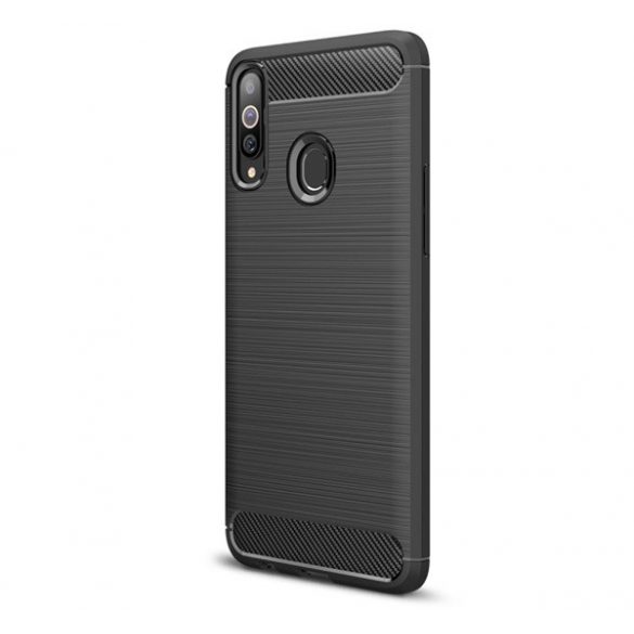 Husă silicon pentru telefon (rezistent la impact mediu, bubble heel, periat, model de carbon) negru Samsung Galaxy A20s (SM-A207F)