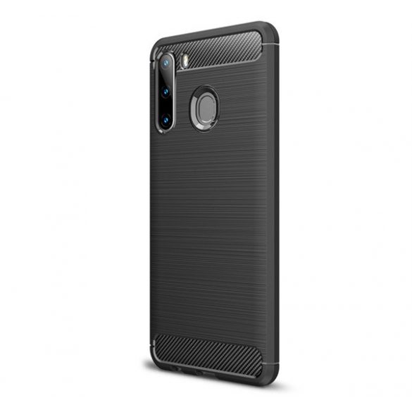 Protector de telefon din silicon (rezistență medie la impact, colț cu pernă de aer, periat, model carbon) NEGRU Samsung Galaxy A21 (SM-A210F)