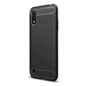 Protector de telefon din silicon (rezistență medie la impact, colț cu pernă de aer, periat, model carbon) NEGRU Samsung Galaxy A01 (SM-A015F)