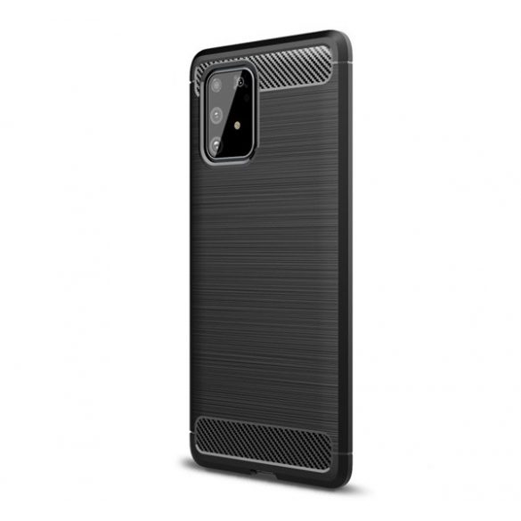 Protector de telefon din silicon (rezistență medie la impact, colț cu pernă de aer, periat, model carbon) NEGRU Samsung Galaxy S10 Lite (SM-G770F)