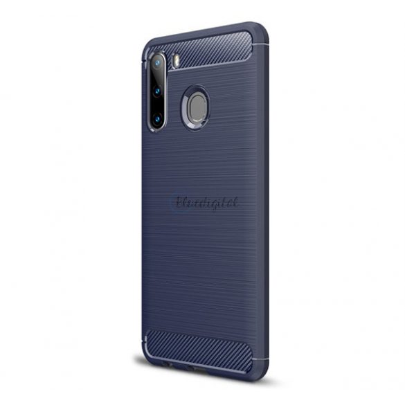 Protector de telefon din silicon (rezistență medie la impact, colț cu pernă de aer, periat, model carbon) ALBASTRU ÎNCHIS Samsung Galaxy A21 (SM-A210F)