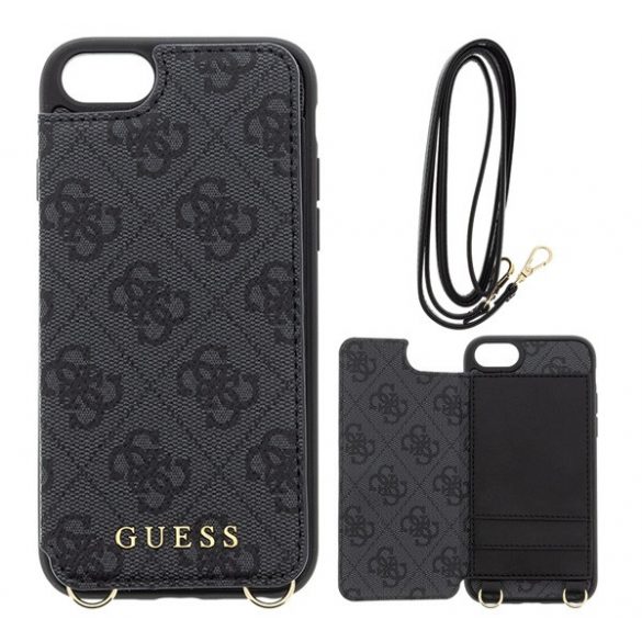 CG MOBILE GUESS 4G Crossbody plastic protecțiede telefon (spate textil pliabil, suport card de credit + curea de gât) GREY Apple iPhone 7 4.7, Apple iPhone 8 4.7, Apple iPhone SE 2 (2020), Apple iPhone