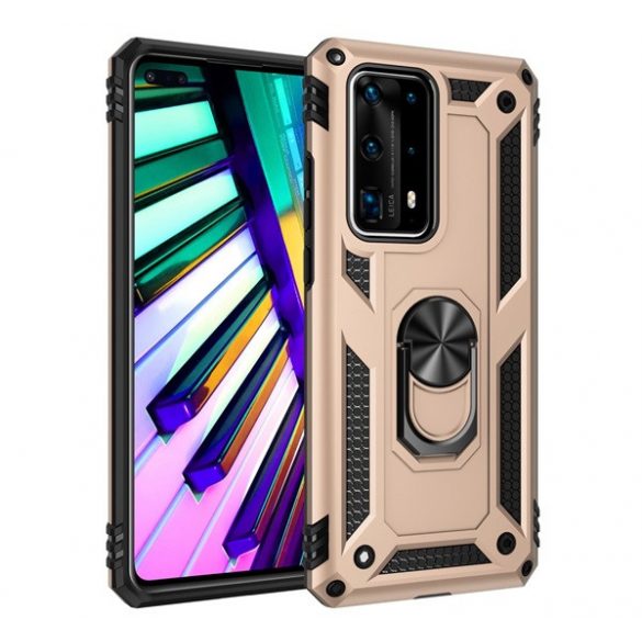 Protector de telefon din plastic Defender (rezistenta la impact mediu, interior din silicon, inel suport telefon, placa metalica incorporata) GOLD Huawei P40