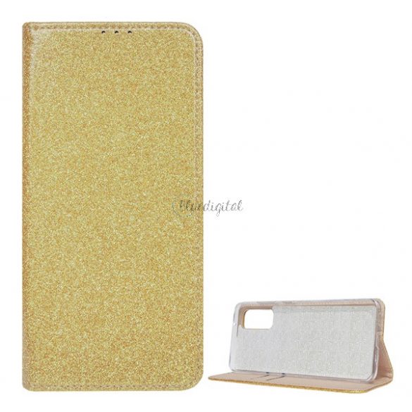 Husă în picioare, efect piele (FLIP, interior din silicon, deschidere laterală, funcție suport de masă, suport card bancar, strălucitor) GOLD Samsung Galaxy S20 (SM-G980F), Samsung Galaxy S20 5G (SM-G981U)