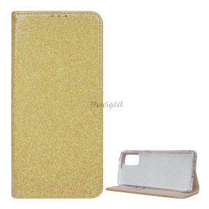 Husă în picioare, efect piele (FLIP, interior din silicon, deschidere laterală, funcție suport de masă, suport card bancar, strălucitor) GOLD Samsung Galaxy S20 Plus (SM-G985F), Samsung Galaxy S20 Plus 5G (SM-G986)