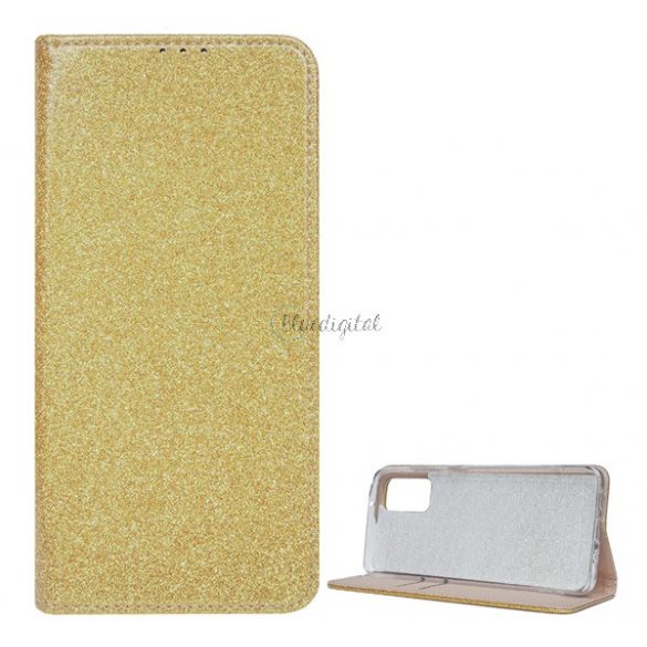 Husă în picioare, efect piele (FLIP, interior din silicon, deschidere laterală, funcție suport de masă, suport card bancar, strălucitor) GOLD Samsung Galaxy S20 Plus (SM-G985F), Samsung Galaxy S20 Plus 5G (SM-G986)