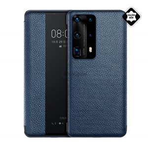 Husă în picioare, piele naturală (FLIP activ, deschidere laterală, husă Smart View) ALBASTRU ÎNCHIS Huawei P40