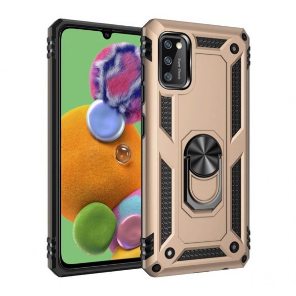 Protecție din plastic pentru telefon Defender (rezistentă la impact mediu, interior din silicon, inel suport telefon, placă metalică încorporată) GOLD Samsung Galaxy A41 (SM-A415F)